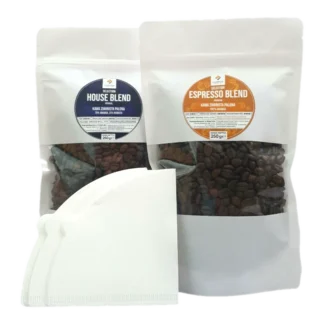 Zestaw prezentowy z kawą: kawa ziarnista House Blend, kawa ziarnista Espresso Blend, filtry do kawy