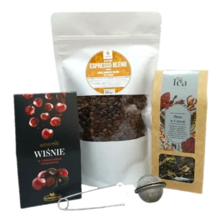 Zestaw prezentowy z produktami spożywczymi: wiśnie w czekoladzie deserowej, kawa Espresso Blend, herbata czarna Złoto w Czerń