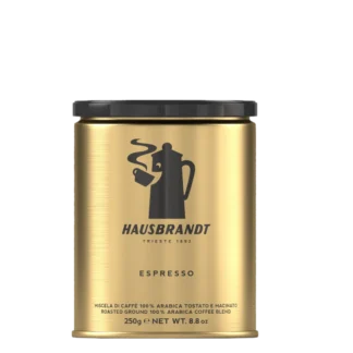 Puszka mielonej kawy Hausbrandt Espresso w złotym opakowaniu z czarną grafiką dzbanka i napisami