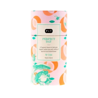 Różowa puszka herbaty Paper & Tea Perfect Day, sypana herbata organiczna biała z nutami moreli i bzu, 100g.