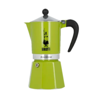 Kawiarka Bialetti Rainbow w zielonym kolorze o pojemności 6 tz, doskonała do zaparzenia sześciu filiżanek espresso. Stylowy design z czarnym uchwytem gwarantuje wygodę użytkowania i elegancki wygląd.