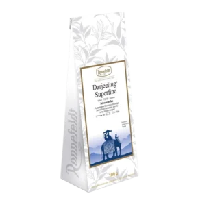 Opakowanie herbaty czarnej Ronnefeldt Darjeeling Superfine, 100g, o subtelnym i wyrafinowanym smaku. Herbata liściasta z wyżyn indyjskich, doskonała na każdą okazję.