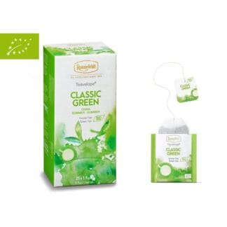 Opakowanie herbaty Ronnefeldt Teavelope Classic Green BIO, zawierające 25 saszetek zielonej herbaty ekologicznej z Chin, każda o wadze 1,5 g (37,5 g netto). Obok znajduje się pojedyncza saszetka z tagiem 'Classic Green BIO'. Opakowanie w odcieniach zieleni z ilustracją liści zielonej herbaty oraz logo Ronnefeldt i znakiem certyfikacji ekologicznej.