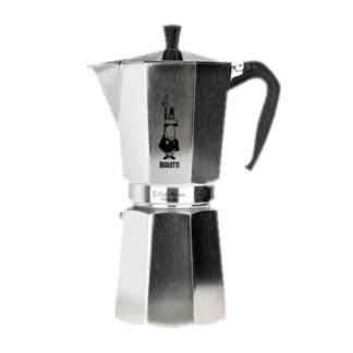 Kawiarka Bialetti Moka Express 18 tz, klasyczna aluminiowa kawiarka do przygotowywania kawy espresso, srebrna z czarnym uchwytem, idealna do parzenia kawy w tradycyjny włoski sposób.