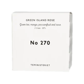 Opakowanie herbaty Teministeriet No 270 Green Island Rose, zawierającej zieloną herbatę z dodatkiem mango, marakui i róży. Idealna do zaparzania w temperaturze 80°C przez 2–3 minuty. Pudełko w eleganckim, minimalistycznym stylu, białe z czarnymi napisami, charakterystyczne dla marki Teministeriet.