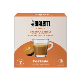 Opakowanie kapsułek Bialetti Cortado, kompatybilnych z ekspresami Nescafé Dolce Gusto. Na froncie filiżanka espresso macchiato oraz pomarańczowa kapsułka. Zawiera 16 kapsułek o intensywności 7.