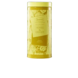 Herbatka ziołowa Ronnefeldt Tea Couture Herbs & Ginger w eleganckiej żółtej puszce, pojemność 100 g. Wyrazisty smak imbiru i aromatycznych ziół.