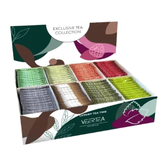 Luksusowy zestaw herbat Veertea Premium zawiera 200 kolorowych saszetek starannie ułożonych w eleganckim ekspozytorze z napisem „Exclusive Tea Collection”. Komplet oferuje szeroki wybór aromatyzowanych herbat w różnych smakach, idealnych do serwowania w biurach, hotelach i kawiarniach.