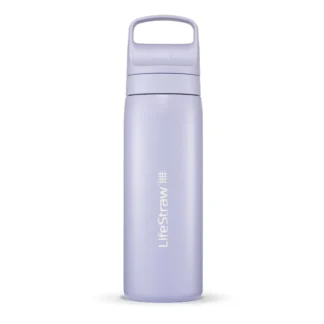 Fioletowa butelka LifeStraw Go 2.0 Steel o pojemności 0,5 litra z białym logo i ergonomicznym uchwytem, wykonana ze stali nierdzewnej, widoczna na jasnym tle.