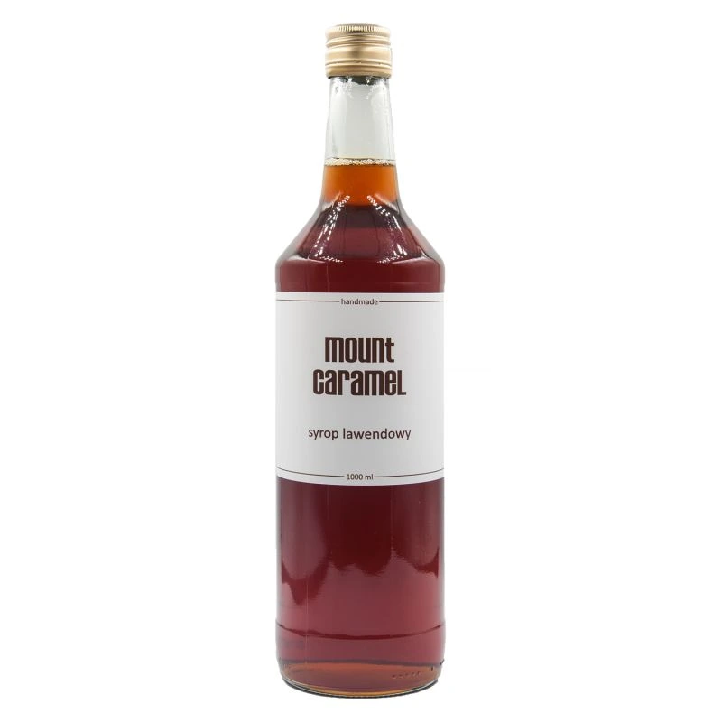 Na zdjęciu widoczna butelka syropu lawendowego Mount Caramel o pojemności 1000 ml. Idealny do wzbogacania kawy i herbaty, ten ręcznie robiony syrop doda wyjątkowego smaku i aromatu do Twojego ulubionego napoju.