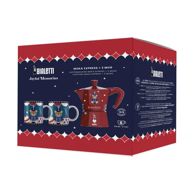Bialetti - zestaw Joyful Christmas kawiarka Moka Express 6tz czerwona + 2 kubki 300 ml