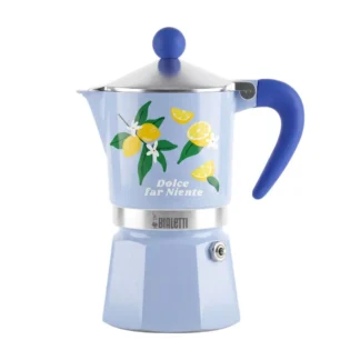 Kawiarka Bialetti Moka Express w błękitnym kolorze z dekoracją cytrynową i kwiatami to elegancki dodatek do każdej kuchni. Idealna do parzenia espresso, łączy w sobie stylowy design i praktyczność, zapewniając doskonały smak kawy na co dzień.