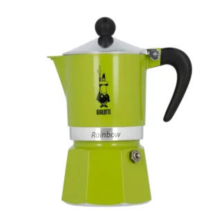 Ekspres do kawy Bialetti Rainbow w intensywnym zielonym kolorze, idealny do przygotowania aromatycznej kawy w stylu włoskim. Jego nowoczesny design oraz wydajność sprawiają, że jest doskonałym wyborem dla miłośników kawy i herbaty, poszukujących akcesoriów do parzenia napojów.