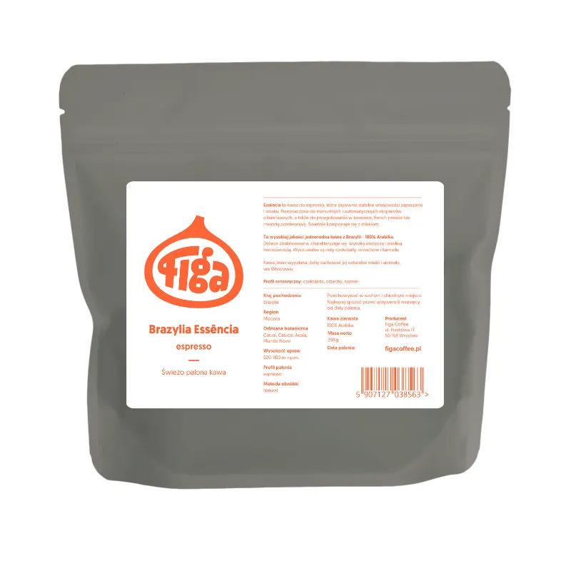 Opakowanie kawy Brazylia Essência, idealne do przygotowania espresso. Ta wyjątkowo świeżo palona kawa 100% Arabica zachwyca intensywnym smakiem i aromatem, doskonała dla miłośników wysokiej jakości napojów kawowych.