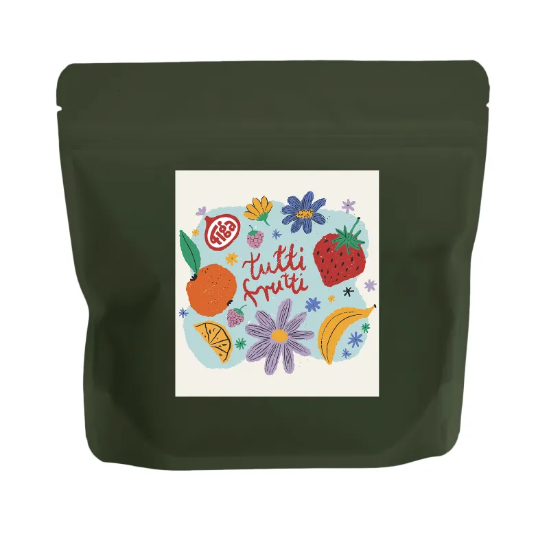 Opakowanie Tutti Frutti, zdobione kolorowym motywem owoców i kwiatów, idealnie oddaje radosny charakter tego produktu. Doskonały wybór na każdą porę roku, oferująca świeży smak, który orzeźwia i pobudza zmysły.