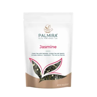 Opakowanie zielonej herbaty z jaśminem marki Palmira o wadze 100g, idealne do parzenia aromatycznych naparów. Ta delikatna herbata łączy w sobie świeżość zielonych liści i subtelny zapach jaśminu, oferując wyjątkowe doznania smakowe dla miłośników herbaty.