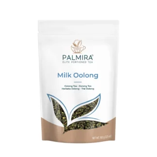 Opakowanie herbaty Oolong Mlecznej marki Palmira, zawierające 100g starannie wyselekcjonowanych liści. Idealna dla miłośników herbaty, oferuje delikatny, mleczny aromat oraz wyjątkowe właściwości zdrowotne.