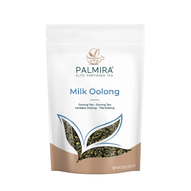 Opakowanie herbaty Oolong Mlecznej marki Palmira, zawierające 100g starannie wyselekcjonowanych liści. Idealna dla miłośników herbaty, oferuje delikatny, mleczny aromat oraz wyjątkowe właściwości zdrowotne.