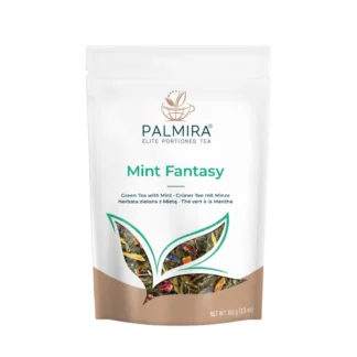 Opakowanie herbaty zielonej z miętą Mint Fantasy o wadze 100g. Idealna na świeże orzeźwienie, ta herbata łączy smak zielonej herbaty i miętowych nut, doskonała dla miłośników wyjątkowych naparów.