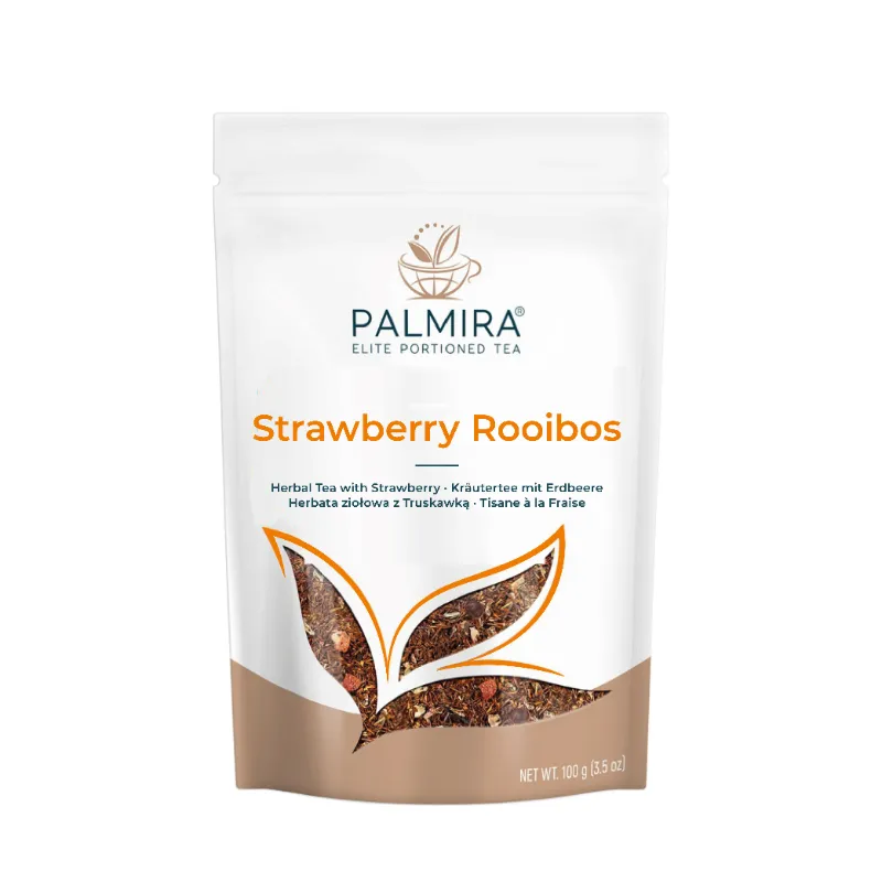 Opakowanie herbaty z truskawką Rooibos marki Palmira, ważące 100g, idealne do parzenia aromatycznego naparu. Doskonała na każdą okazję, ta ziołowa herbata łączy intensywny smak rooibosa z słodką nutą truskawki, oferując wyjątkowe doznania smakowe.