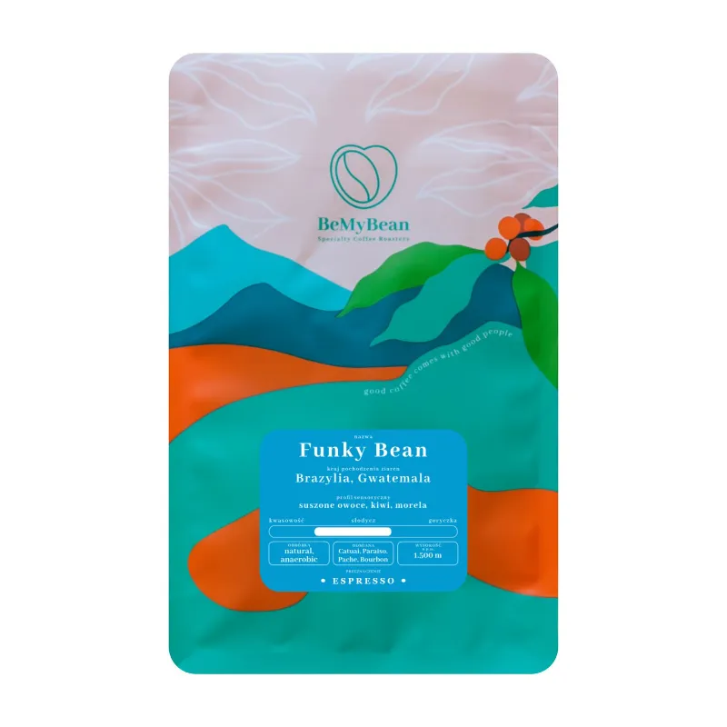 Opakowanie kawy Funky Bean łączy w sobie nuty suszonych owoców, kiwi i moreli, oferując wyjątkowe doznania smakowe. Idealna do przygotowania aromatycznego espresso, ta kawa pochodzi z renomowanych plantacji w Brazylii i Gwatemali, co sprawia, że jest doskonałym wyborem dla miłośników wyjątkowych kaw.